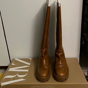 Zara Women’s Size 38 (US 7.5) Brown Lug Sole Tall Boot